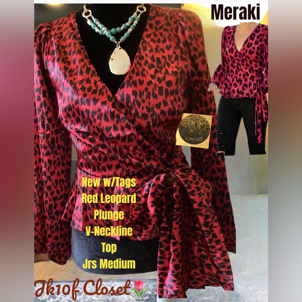 LOWEST🌺 NWT Meraki Medium RED STRETCH LEOPARD BLOUSE TOP